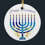 Happy Hanukkah menorah yellow gold candles Ceramic Ornament<br><div class="desc">hand designed Happy Hanukkah blue and yellow Menorah ornament. Customize the message.</div>