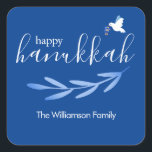 Happy Hanukkah | Modern Blue and White Hanukkah Square Sticker<br><div class="desc">Discover this striking blue and white "Happy Hanukkah" Script Classic Square Stickers with your family name,  available in 1.5-inch squares with 20 per sheet,  or in a larger 3-inch square 6 per sheet.</div>