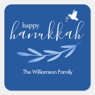 Happy Hanukkah Modern Blue and White Hanukkah Square Sticker