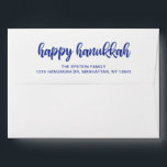 Happy Hanukkah Modern Blue Holiday Return Address Envelope<br><div class="desc">Modern holiday envelope featuring a simple yet elegant design with "Happy Hanukkah" in bold navy blue typography over white. Below is your return address. These custom envelopes are a great way to add a personal touch to your Hanukkah cards and make preparing them for the mail faster and easier. Coordinating...</div>