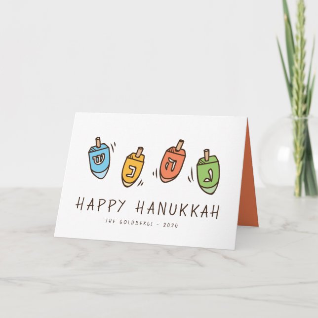 Happy Hanukkah Modern Dreidel Holiday Card (Front)