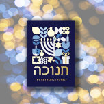 Happy Hanukkah Modern Greeting Gold Foil Holiday Card<br><div class="desc">Hanukkah / Chanukah Blue White and elegant real Gold Foil. Modern Geometric Pattern Card with Menorah, Dreidel, Doughnuts, Stars & Olive oil... Hebrew & Jewish Hanukkah Symbols Space to add your personalized text on the front & reverse. Happy Hanukkah wishes. Hebrew on the front says "Chanukah". This upscale, beautiful, look,...</div>