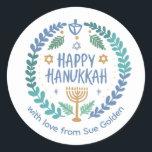 HAPPY HANUKKAH Modern Hand-Drawn Custom Whimsical  Classic Round Sticker<br><div class="desc">Perfect sticker for a Jewish celebration! Hand made art for you. FULLY CUSTOMIZABLE! Click "personalize" to change the text and "edit using design tool" to add text and adjust the colours and placements. THANK YOU FOR SUPPORTING INDEPENDENT ARTISTS! All artwork and designs are created by me. I love to draw...</div>