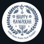 HAPPY HANUKKAH Modern Hand-Drawn Custom Whimsical  Classic Round Sticker<br><div class="desc">Perfect sticker for a Jewish celebration! Hand made art for you. FULLY CUSTOMIZABLE! Click "personalize" to change the text and "edit using design tool" to add text and adjust the colours and placements. THANK YOU FOR SUPPORTING INDEPENDENT ARTISTS! All artwork and designs are created by me. I love to draw...</div>