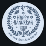 HAPPY HANUKKAH Modern Hand-Drawn Custom Whimsical  Classic Round Sticker<br><div class="desc">Perfect sticker for a Jewish celebration! Hand made art for you. FULLY CUSTOMIZABLE! Click "personalize" to change the text and "edit using design tool" to add text and adjust the colours and placements. THANK YOU FOR SUPPORTING INDEPENDENT ARTISTS! All artwork and designs are created by me. I love to draw...</div>