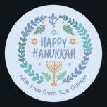 HAPPY HANUKKAH Modern Hand-Drawn Custom Whimsical  Classic Round Sticker<br><div class="desc">Perfect sticker for a Jewish celebration! Hand made art for you. FULLY CUSTOMIZABLE! Click "personalize" to change the text and "edit using design tool" to add text and adjust the colours and placements. THANK YOU FOR SUPPORTING INDEPENDENT ARTISTS! All artwork and designs are created by me. I love to draw...</div>