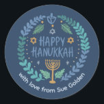 HAPPY HANUKKAH Modern Hand-Drawn Cute Whimsical  Classic Round Sticker<br><div class="desc">Perfect sticker for a Jewish celebration! Hand made art for you. FULLY CUSTOMIZABLE! Click "personalize" to change the text and "edit using design tool" to add text and adjust the colours and placements. THANK YOU FOR SUPPORTING INDEPENDENT ARTISTS! All artwork and designs are created by me. I love to draw...</div>