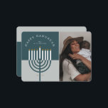 Happy Hanukkah Modern Menorah Candle Family Photo Holiday Card<br><div class="desc">Happy Hanukkah, send your Hanukkah wishes to your family and friends with our beautiful and modern customizable photo Hanukkah holiday card. Our design features our modern menorah candle. A modern teal blue and grey-blue colour palette are used. "Happy Hanukkah" is written in a modern font and arch around the menorah...</div>