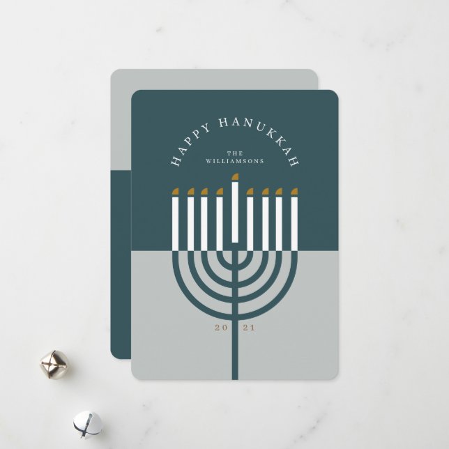 Happy Hanukkah Modern Menorah Candle Teal Blue Holiday Card (Front/Back In Situ)