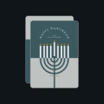 Happy Hanukkah Modern Menorah Candle Teal Blue Holiday Card<br><div class="desc">Happy Hanukkah, send your Hanukkah wishes to your family and friends with our beautiful and modern customizable holiday card. Our design features our modern menorah candle. A modern teal blue and blue-grey colour palette are used. "Happy Hanukkah" is written in a modern font and arch around the menorah candle. Customize...</div>