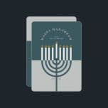 Happy Hanukkah Modern Menorah Candle Teal Blue Holiday Card<br><div class="desc">Happy Hanukkah, send your Hanukkah wishes to your family and friends with our beautiful and modern customizable holiday card. Our design features our modern menorah candle. A modern teal blue and blue-grey colour palette are used. "Happy Hanukkah" is written in a modern font and arch around the menorah candle. Customize...</div>