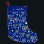 Happy Hanukkah Modern Menorah Personalized Name Small Christmas Stocking<br><div class="desc">This Hanukkah holidays design features a sparkling blue background with menorah and star of David overlay. Personalize with your name by editing the text in the text boxes provided. #hanukkah #chanukah #holidays #seasonal #festive #modern #blue #menorah #starofdavid #jewish #stylish #elegant #chic #pattern #personalized #personalised #custom #addyourown #gifts #stockings #hanukkahdecor #decor...</div>