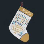 Happy Hanukkah Modern Menorah Personalized Name Small Christmas Stocking<br><div class="desc">Happy Hanukkah Modern Menorah Personalized Name Stocking features a Jewish Menorah with the text "Happy Hanukkah" in modern gold script typography. Perfect for Hanukkah gifts. Designed by © Evco Holidays www.zazzle.com/store/evcoholidays</div>