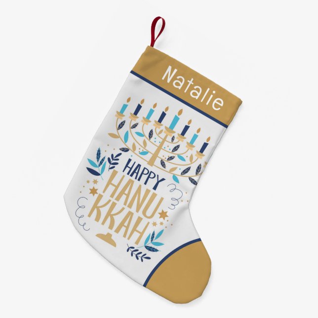 Happy Hanukkah Modern Menorah Personalized Name Small Christmas Stocking (Front (Hanging))
