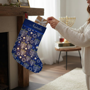 Happy Hanukkah Modern Menorah Personalized Name Small Christmas Stocking