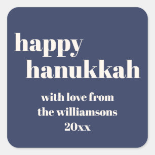 Happy Hanukkah Modern Navy Blue Personalized Square Sticker