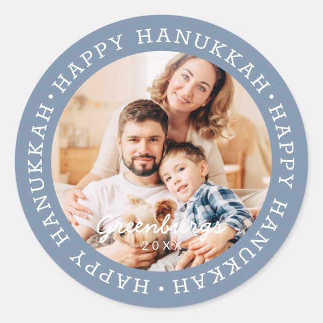 Happy Hanukkah Modern Preppy Custom Family Photo Classic Round Sticker (Front)
