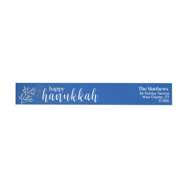 Happy Hanukkah Modern Script Blue & White  Wrap Around Label (Individual)