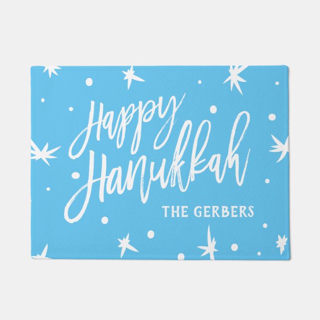 Happy Hanukkah Modern Script Custom Name Doormat (Front)