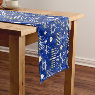 Happy Hanukkah Modern Star Of David Menorah Short Table Runner