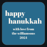 Happy Hanukkah Modern Teal Blue Personalized Square Sticker<br><div class="desc">Elevate your Hanukkah celebrations with this Happy Hanukkah Modern Teal Blue Personalized Square Sticker. Featuring a chic teal blue background with contemporary design elements, this sticker is perfect for adding a personal touch to your holiday gifts, cards, or party favours. The modern typography and clean lines create a stylish and...</div>