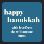 Happy Hanukkah Modern Teal Blue Personalized Square Sticker<br><div class="desc">Elevate your Hanukkah celebrations with this Happy Hanukkah Modern Teal Blue Personalized Square Sticker. Featuring a chic teal blue background with contemporary design elements, this sticker is perfect for adding a personal touch to your holiday gifts, cards, or party favours. The modern typography and clean lines create a stylish and...</div>