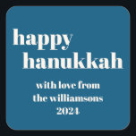 Happy Hanukkah Modern Teal Blue Personalized Square Sticker<br><div class="desc">Elevate your Hanukkah celebrations with this Happy Hanukkah Modern Teal Blue Personalized Square Sticker. Featuring a chic teal blue background with contemporary design elements, this sticker is perfect for adding a personal touch to your holiday gifts, cards, or party favours. The modern typography and clean lines create a stylish and...</div>