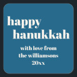 Happy Hanukkah Modern Teal Blue Personalized Square Sticker<br><div class="desc">Elevate your Hanukkah celebrations with this Happy Hanukkah Modern Teal Blue Personalized Square Sticker. Featuring a chic teal blue background with contemporary design elements, this sticker is perfect for adding a personal touch to your holiday gifts, cards, or party favours. The modern typography and clean lines create a stylish and...</div>