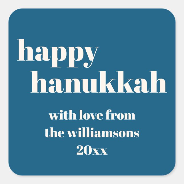 Happy Hanukkah Modern Teal Blue Personalized Square Sticker (Front)