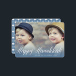 Happy Hanukkah Modern Trendy White Script Photo  Holiday Card<br><div class="desc">A simple and modern holiday card featuring a full bleed photo and 'Happy Hanukkah' greeting in a trendy white cursive calligraphy script at the bottom on a blue gradient photo overlay. A geometric star of david white pattern on a sky blue background fills the back of the card. Designed /...</div>