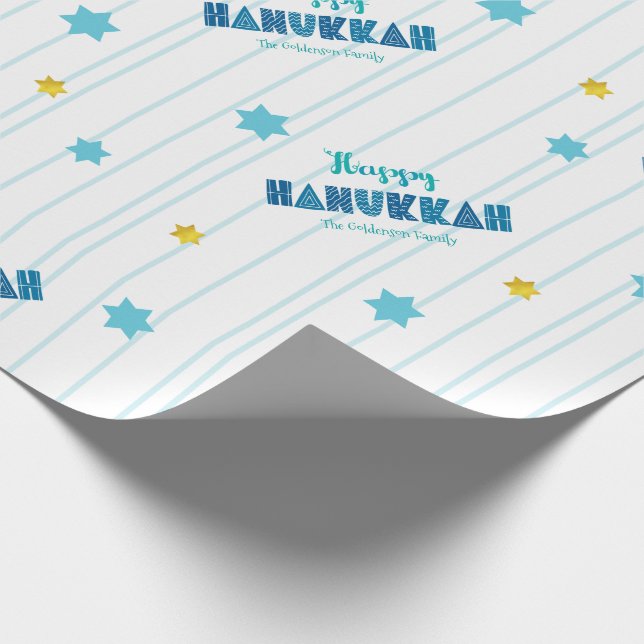 Happy Hanukkah Modern Typography Gold Stars Name Wrapping Paper (Corner)