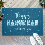 Happy Hanukkah Modern Whimsical Typography Teal Doormat<br><div class="desc">“Happy Hanukkah.” Fun whimsical handcrafted typography along with a random Star of David pattern in light dusty blues all overlaying midnight navy blue hand drawn lines and a dark teal blue background help you usher in the festival of lights. Feel the warmth and joy of the holiday season whenever you...</div>