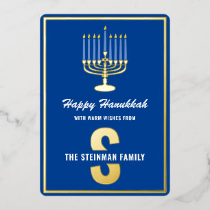Happy Hanukkah Monogram Family Name Menorah Candle Foil Holiday Card
