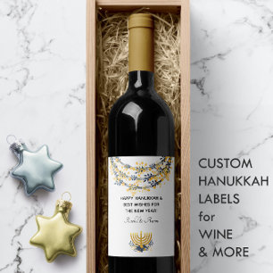 Happy Hanukkah Navy & Gold Flowers Menorah Grey Wine Label