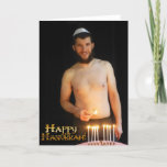 Happy Hanukkah - Noah (underwear) Holiday Card<br><div class="desc">A handsome bearded Jewish man lights the menorah in his underwear and kippah. Blank inside</div>