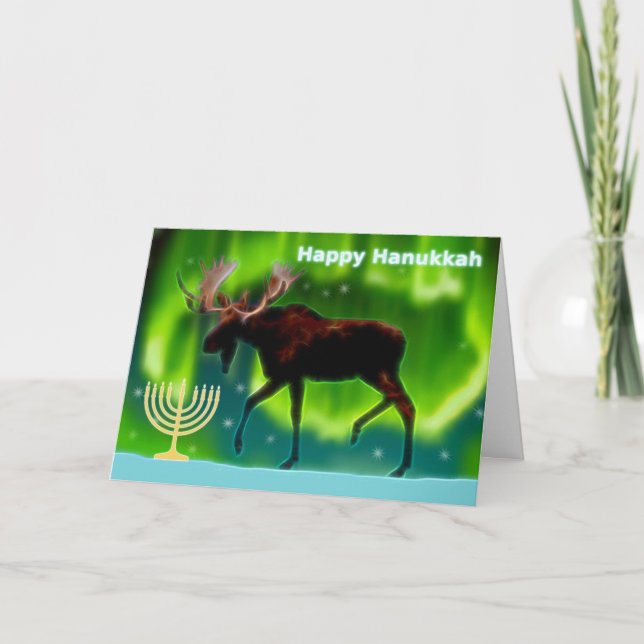 Happy Hanukkah - Northern Lights Moose Holiday Card (Front)