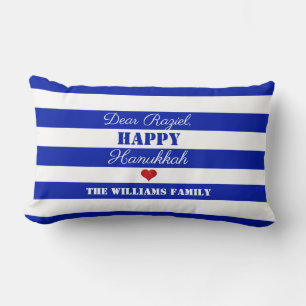Happy Hanukkah or Your Text Blue Striped Pattern Lumbar Pillow