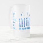 Happy Hanukkah Party Beautiful Blue Decoration Frosted Glass Beer Mug<br><div class="desc">Happy Hanukkah Party Beautiful Blue Decoration, Jewish Holiday, Coffee Mug and Cup. Jewish Holiday Hanukkah background with Hebrew Lettering and traditional Chanukah symbols - wooden dreidels (spinning top), doughnuts, gold menorah, candles, star of David and glowing lights wallpaper pattern. Hanukkah Festival Event Decoration. Jerusalem, Israel. Personalize them by adding name...</div>