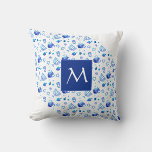 Happy Hanukkah Party Beautiful Blue Monogram Throw Pillow