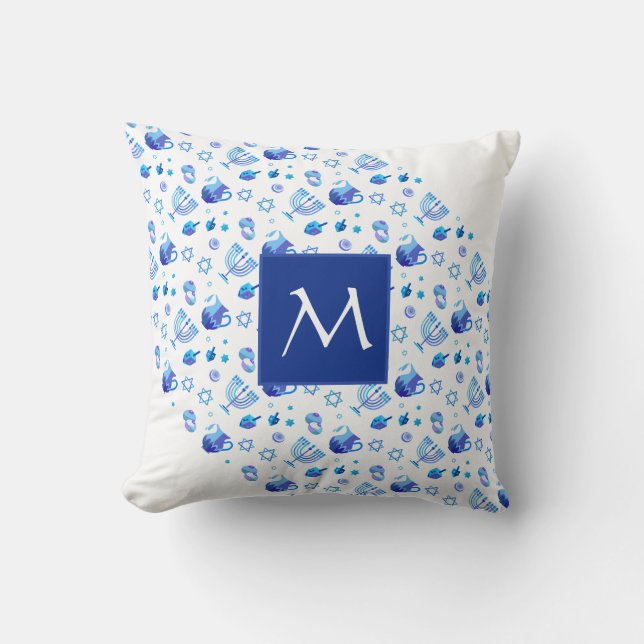 Happy Hanukkah Party Beautiful Blue Monogram Throw Pillow (Front)