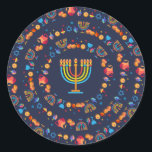 Happy Hanukkah Party Beautiful Decoration Classic Round Sticker<br><div class="desc">Happy Hanukkah Party Beautiful Decoration, Jewish Holiday, Classic Round Sticker. Jewish Holiday Hanukkah background with traditional Chanukah symbols - wooden dreidels (spinning top), doughnuts, gold menorah, candles, star of David and glowing lights wallpaper pattern. Hanukkah Festival Event Decoration. Jerusalem, Israel. Crafts & Party Supplies > Gift Wrapping Supplies > Stickers...</div>