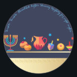 Happy Hanukkah Party Beautiful Decoration Classic Round Sticker<br><div class="desc">Happy Hanukkah Party Beautiful Decoration, Jewish Holiday, Classic Round Sticker. Jewish Holiday Hanukkah background with traditional Chanukah symbols - wooden dreidels (spinning top), doughnuts, gold menorah, candles, star of David and glowing lights wallpaper pattern. Hanukkah Festival Event Decoration. Jerusalem, Israel. Crafts & Party Supplies > Gift Wrapping Supplies > Stickers...</div>
