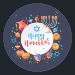 Happy Hanukkah Party Beautiful Decoration Classic Round Sticker<br><div class="desc">Happy Hanukkah Party Festival of lights Beautiful Decoration, Jewish Holiday, Classic Round Sticker. Hanukkah blue lights background with traditional Chanukah symbols - wooden dreidels (spinning top), doughnuts, menorah, candles, star of David and glowing lights wallpaper pattern. Hanukkah Festival Event Kids party Holiday Birthday Decoration. Jerusalem, Israel. Crafts & Party Supplies...</div>