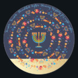 Happy Hanukkah Party Beautiful Decoration Classic Round Sticker<br><div class="desc">Happy Hanukkah Party Beautiful Decoration, Jewish Holiday, Classic Round Sticker. Jewish Holiday Hanukkah background with traditional Chanukah symbols - wooden dreidels (spinning top), doughnuts, gold menorah, candles, star of David and glowing lights wallpaper pattern. Hanukkah Festival Event Decoration. Jerusalem, Israel. Crafts & Party Supplies > Gift Wrapping Supplies > Stickers...</div>
