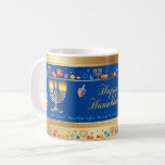 Happy Hanukkah Party Beautiful Decoration Coffee Mug<br><div class="desc">Happy Hanukkah Party Beautiful Decoration, Jewish Holiday, Coffee Mug. Jewish Holiday Hanukkah background with traditional Chanukah symbols - wooden dreidels (spinning top), doughnuts, gold menorah, candles, star of David and glowing lights wallpaper pattern. Hanukkah Festival Event Decoration. Jerusalem, Israel. Home > Kitchen & Dining > Drinkware > Mugs & Cups....</div>