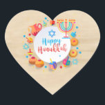 Happy Hanukkah Party Beautiful Decoration Heart Sticker<br><div class="desc">Happy Hanukkah Party Beautiful Decoration, Jewish Holiday, Classic Round Sticker. JJewish Holiday Hanukkah background with traditional Chanukah symbols - wooden dreidels (spinning top), doughnuts, menorah, candles, star of David and glowing lights Old paper texture wallpaper vintage pattern. Hanukkah Festival Event Decoration. Jerusalem, Israel. Crafts & Party Supplies > Gift Wrapping...</div>