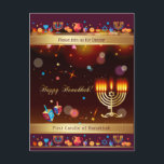 Happy Hanukkah Party Gold Hanukkiah Invitation Postcard<br><div class="desc">Happy Hanukkah Party Invitation Beautiful Jewish Holiday Card. Jewish Holiday Chanukkah background with traditional Chanuka decorative symbols - wooden dreidels (spinning top), doughnuts, hanukkiah menorah, candles, star of David and glowing lights wallpaper gold pattern. Hanukkah Festival of lights Event Decoration. Jerusalem, Israel. Invitations & Stationery > Invitations & Announcements Design...</div>