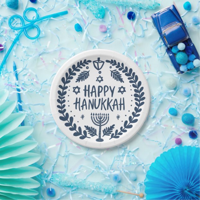 Happy Hanukkah Party Whimsical Cute Hand-Drawn  Paper Plate (Party)
