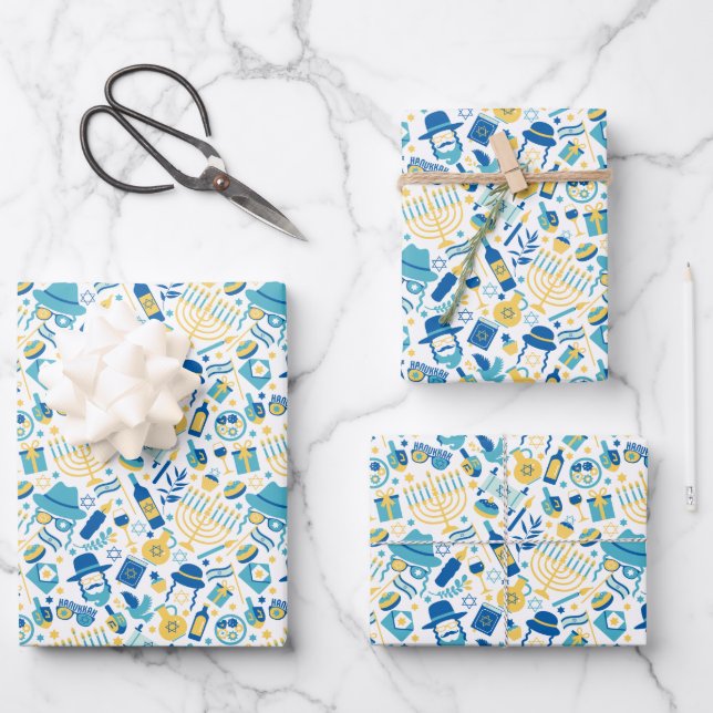 Happy Hanukkah Pattern Wrapping Paper Sheets (Front)
