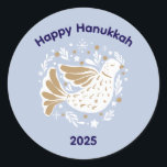 Happy Hanukkah Peace Dove 2025 Sticker<br><div class="desc">Happy Hanukkah Peace Dove 2025 Sticker Celebrate the Festival of Lights with this charming Happy Hanukkah 2025 sticker featuring a graceful peace dove surrounded by stars and leaves. Perfect for sealing envelopes, decorating Hanukkah gifts, kids party favours, or labelling homemade treats. Available in various shapes, two sizes, and your choice...</div>